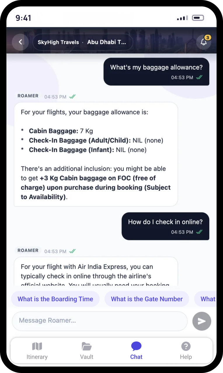 Roamer chat answering a traveller's question about their baggage allowance
